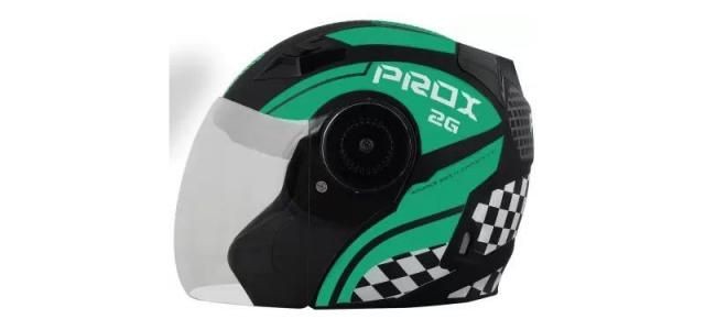 New Prox 2G Open Face Helmet Matt Black Decor P1 Green