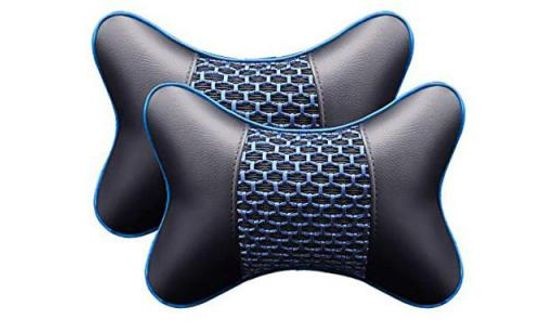 New Car Neck Pillows Both Side Pu Leather 2pieces Pack Headrest Fit for Most Cars Filled Fiber Universal Car Pillow(Blue, Pack of 2)